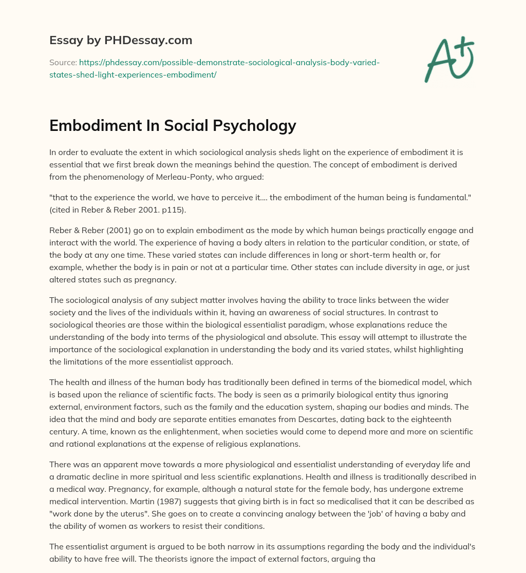 Embodiment In Social Psychology essay