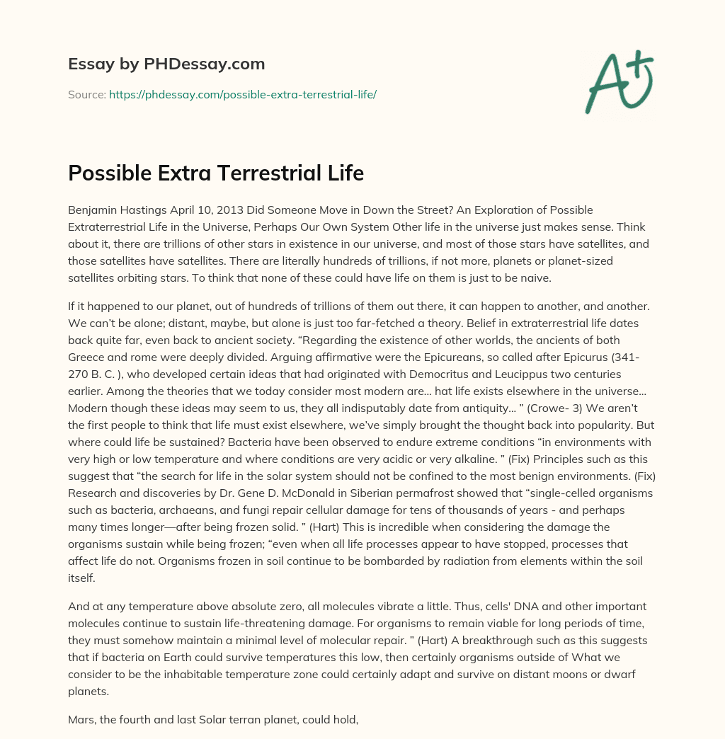 Possible Extra Terrestrial Life essay