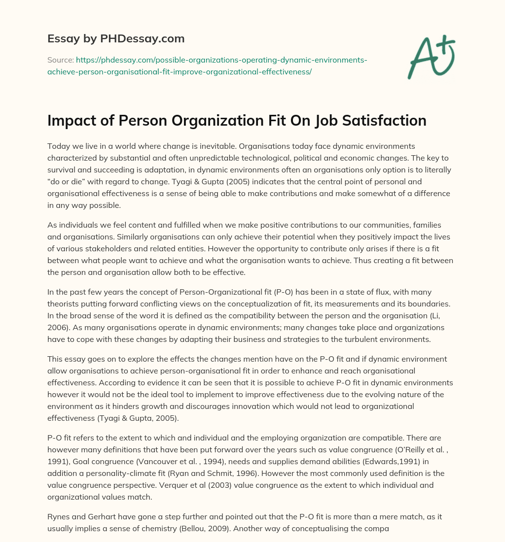 Impact of Person Organization Fit On Job Satisfaction essay