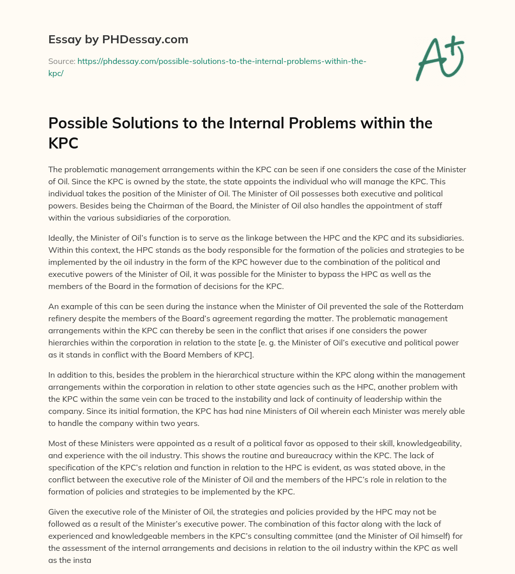 Possible Solutions to the Internal Problems within the KPC essay