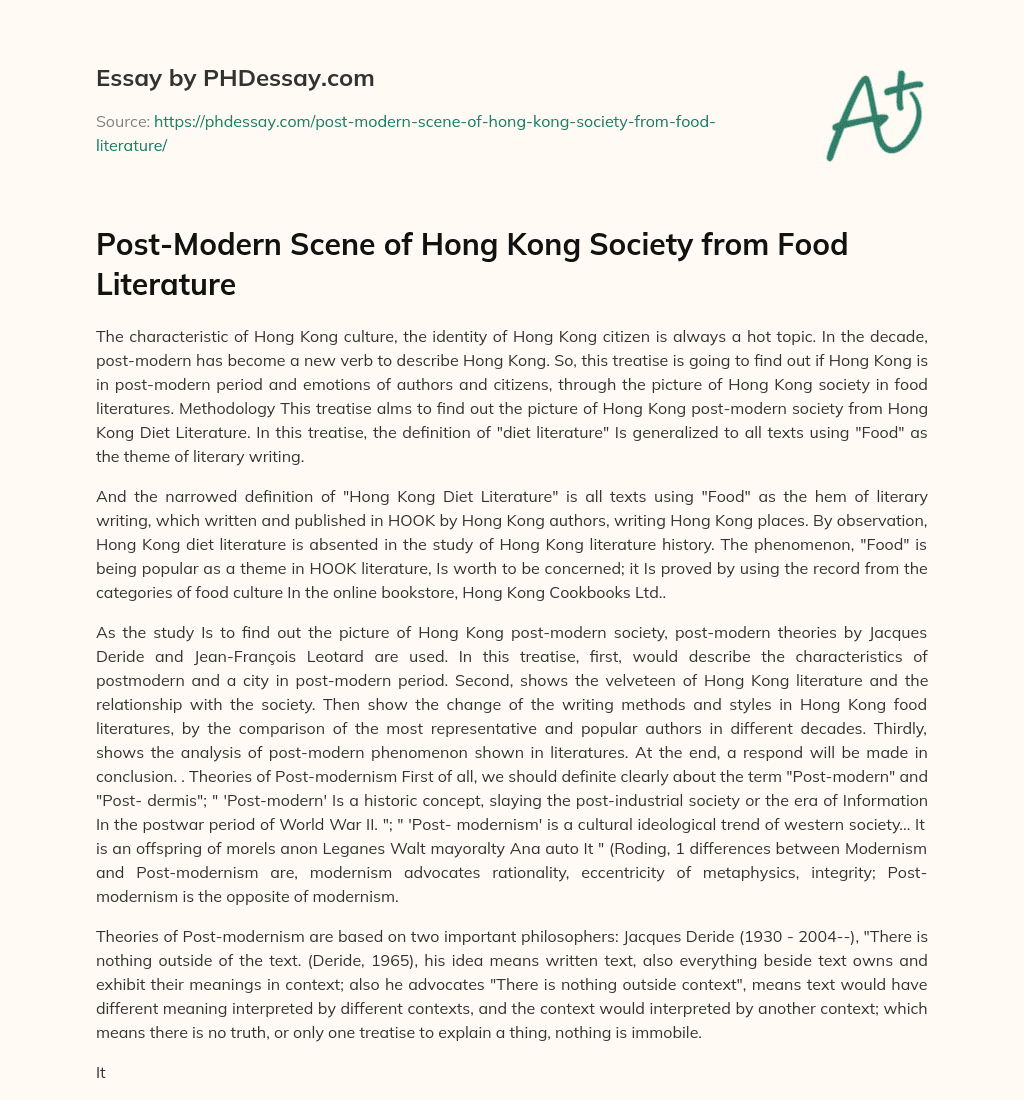 Post-Modern Scene of Hong Kong Society from Food Literature essay