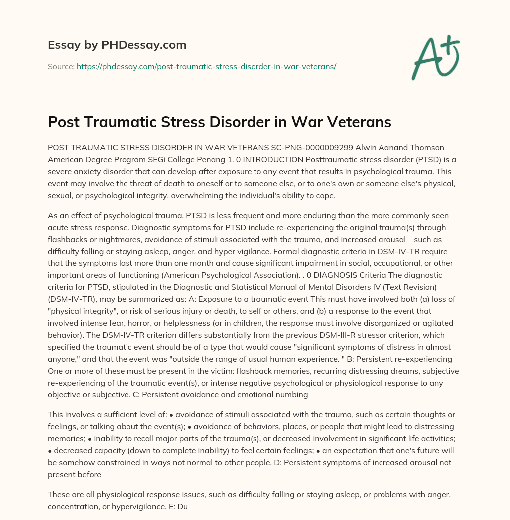 Post Traumatic Stress Disorder in War Veterans essay
