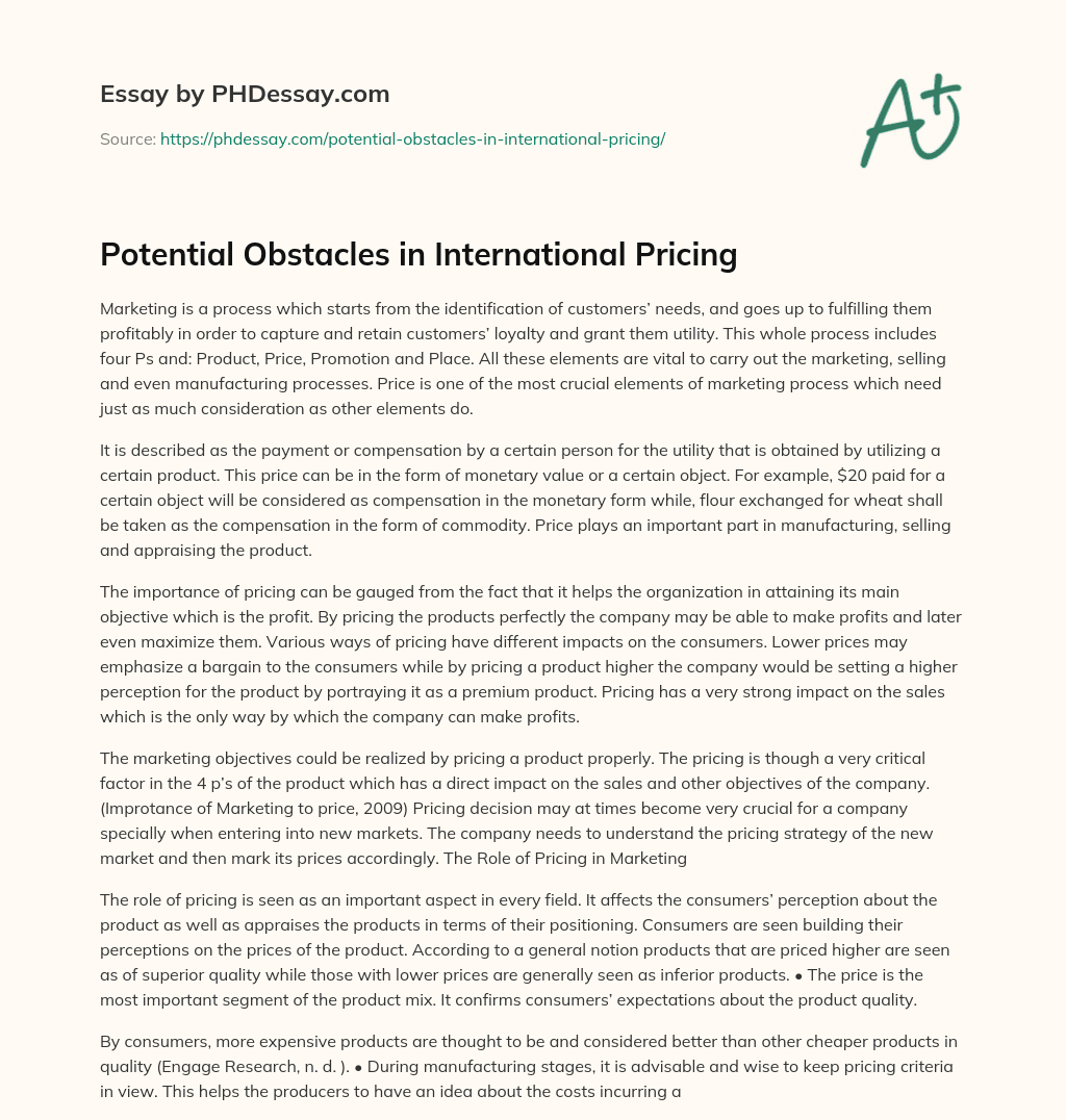 Potential Obstacles in International Pricing essay