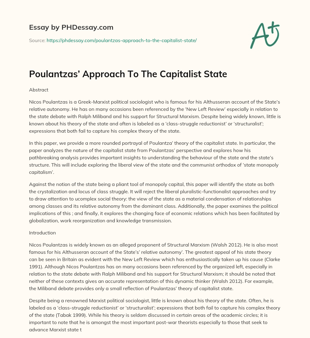 Poulantzas’ Approach To The Capitalist State essay
