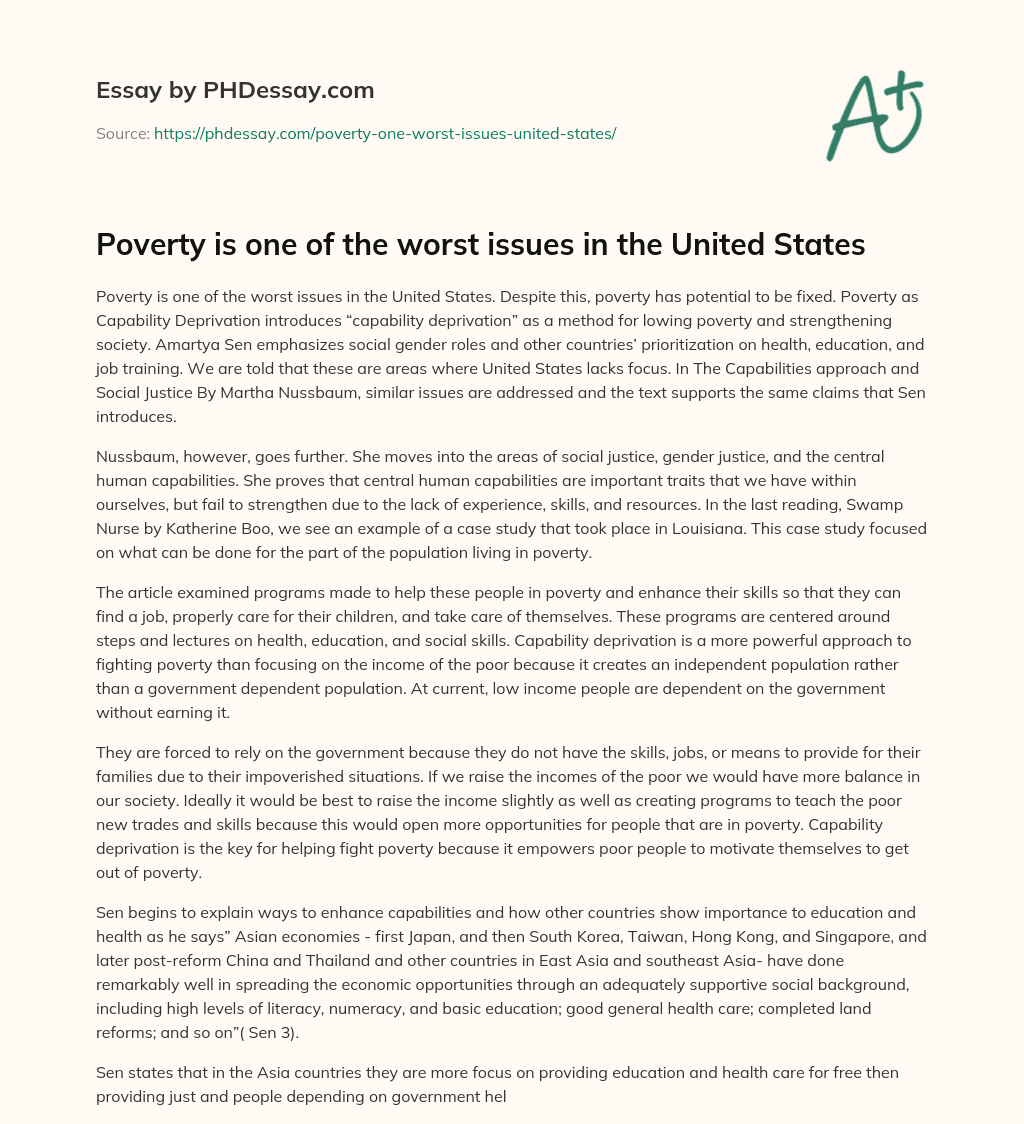 Poverty is one of the worst issues in the United States essay