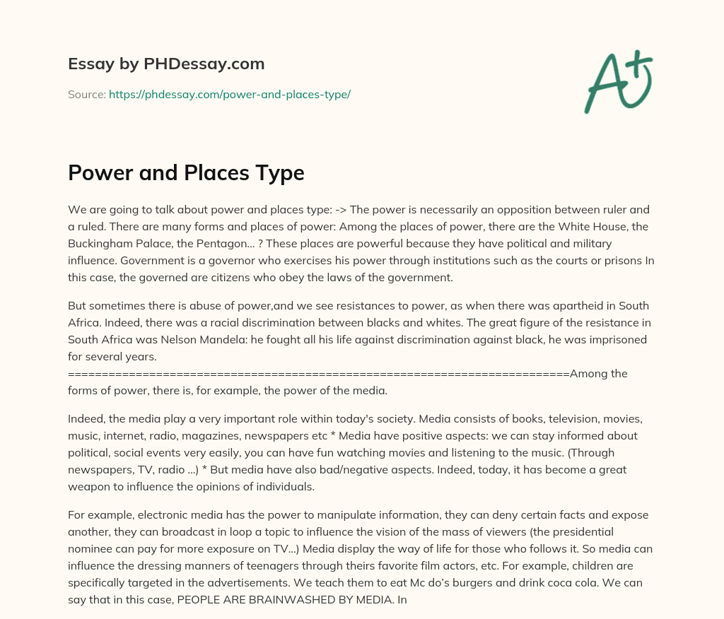 Power and Places Type essay