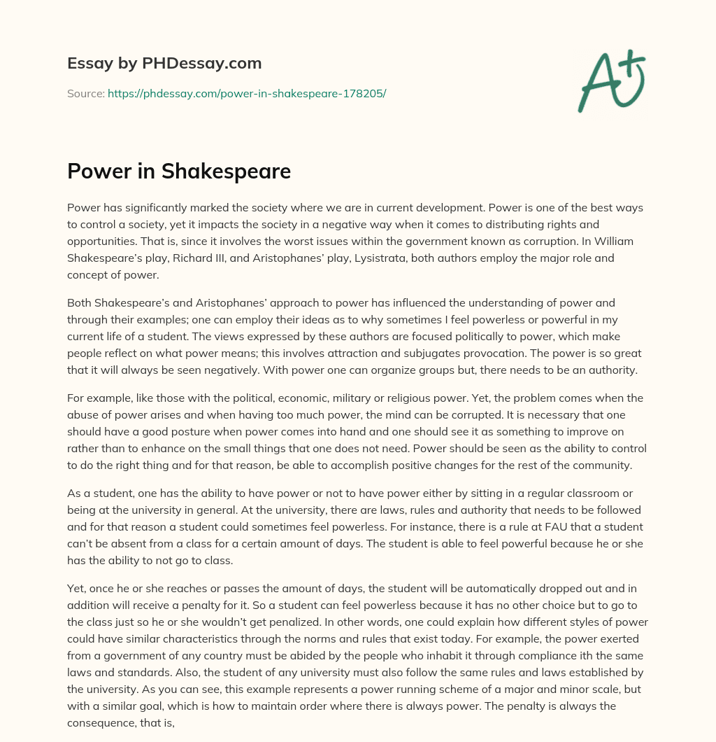 Power in Shakespeare essay