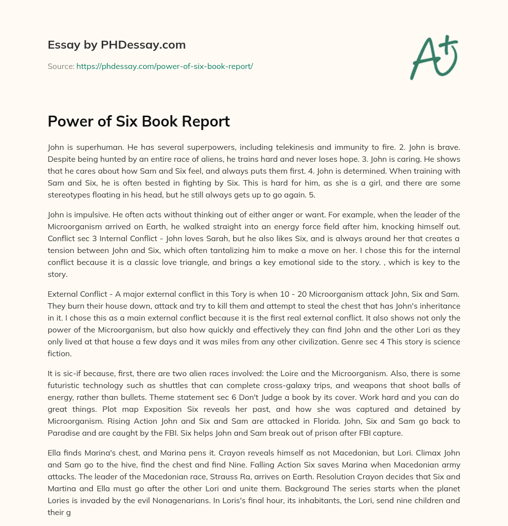 Power of Six Book Report essay