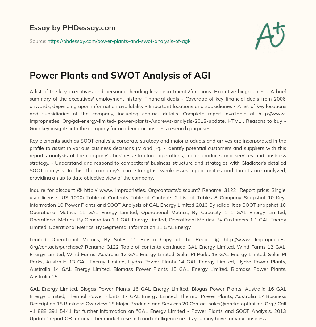 Power Plants and SWOT Analysis of AGl essay
