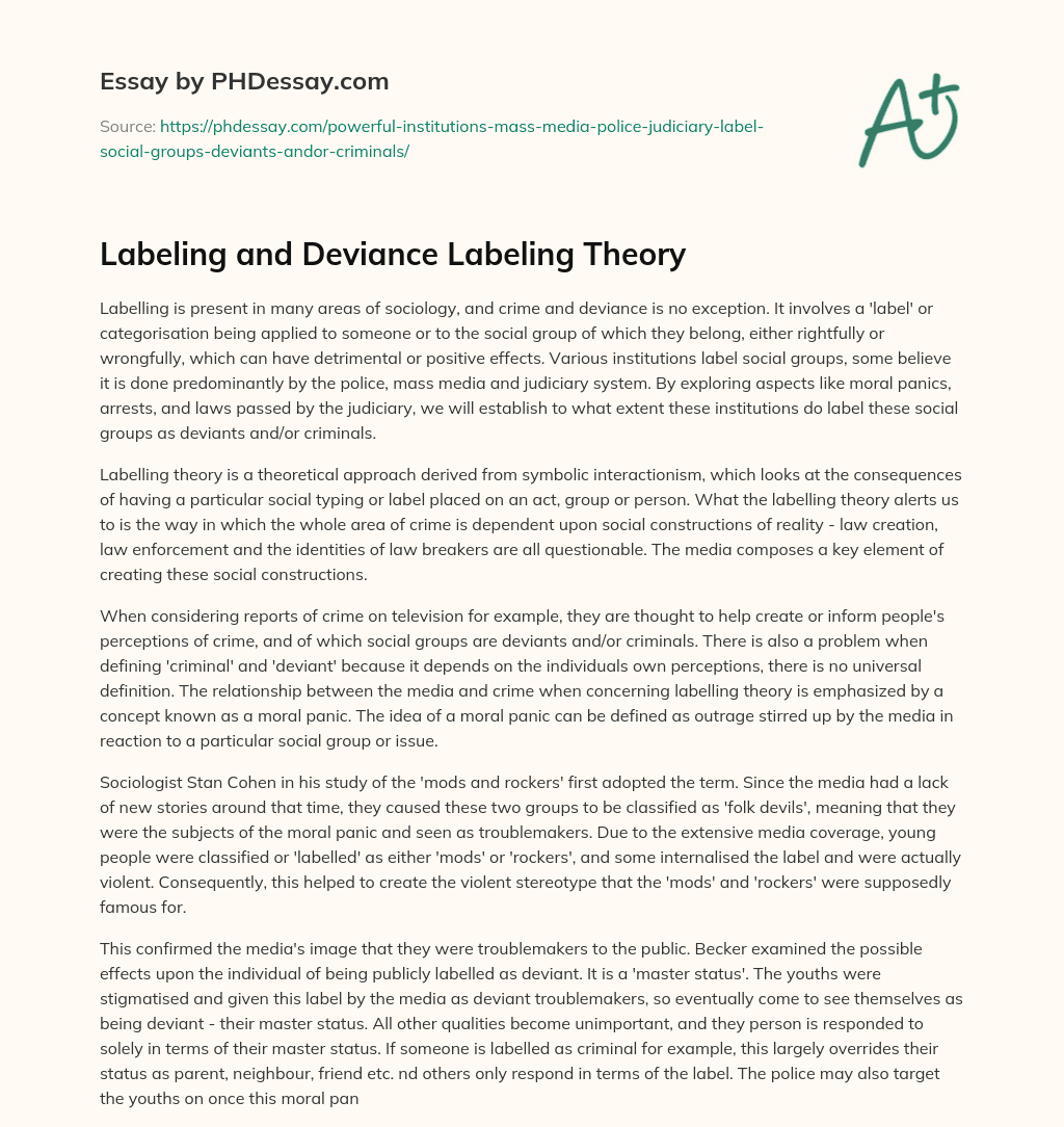 Labeling and Deviance Labeling Theory essay