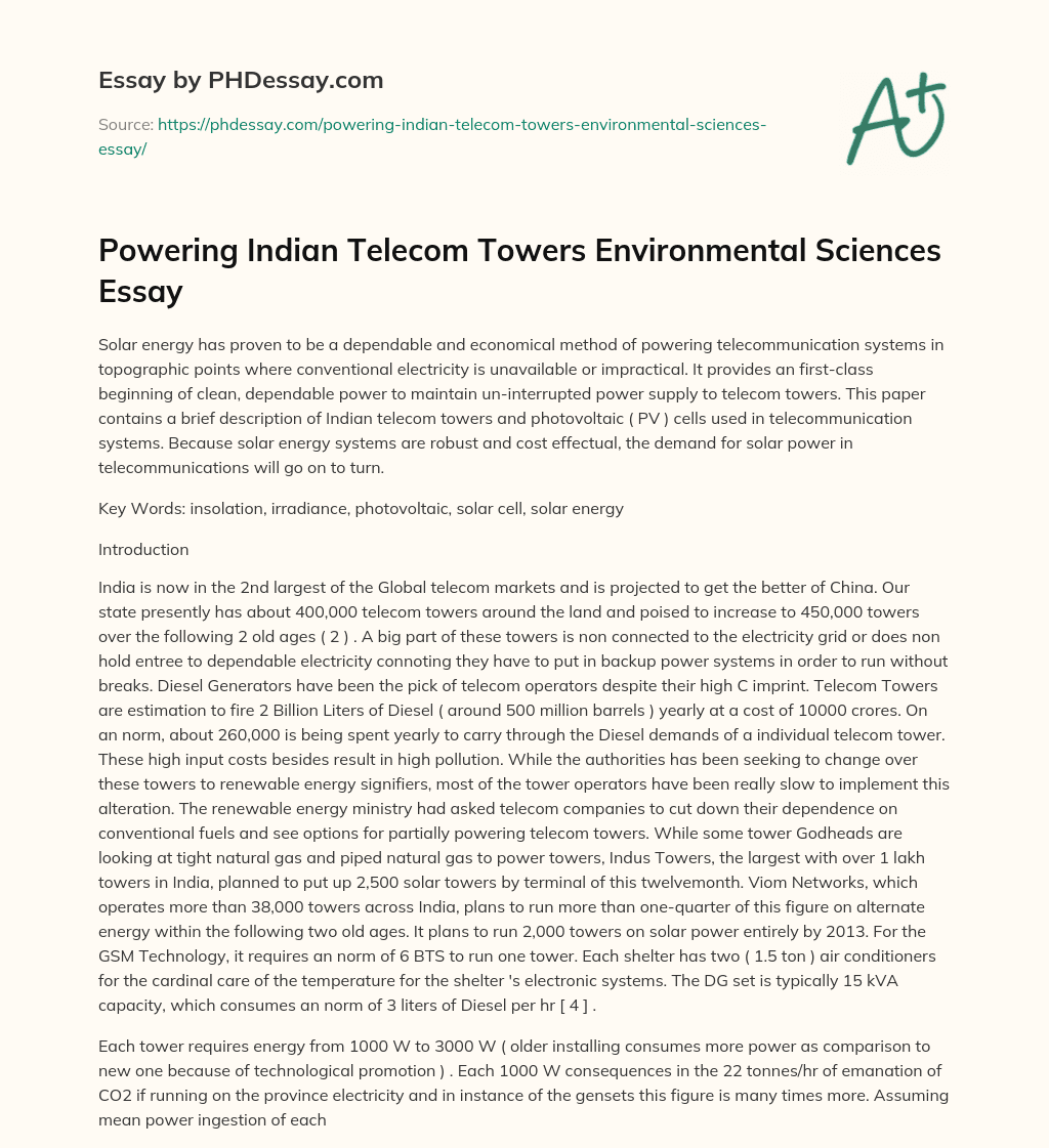 Powering Indian Telecom Towers Environmental Sciences Essay essay