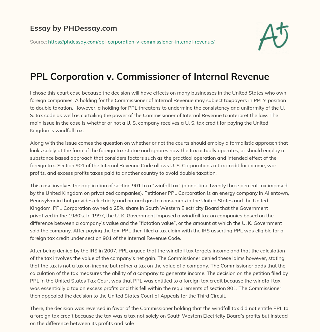 PPL Corporation v. Commissioner of Internal Revenue essay