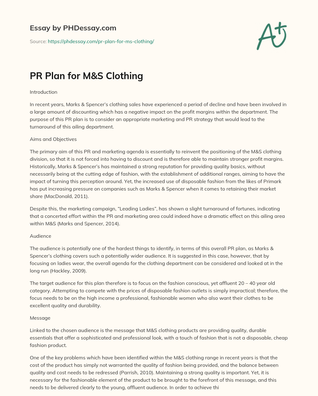 PR Plan for M&S Clothing essay