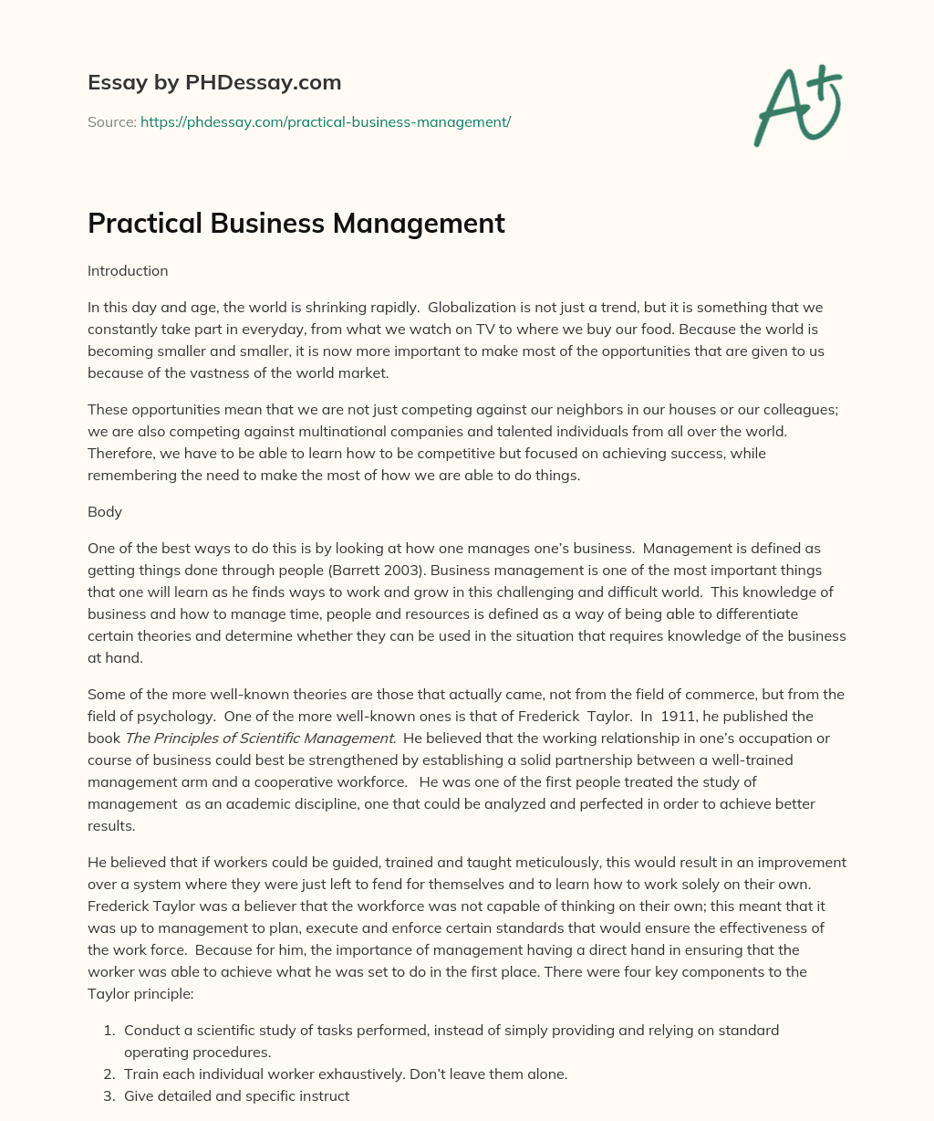 Practical Business Management essay