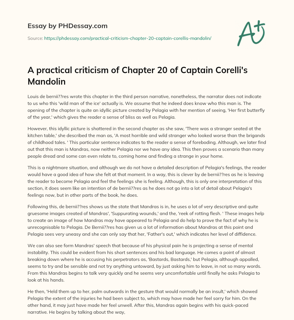 A practical criticism of Chapter 20 of Captain Corelli’s Mandolin essay