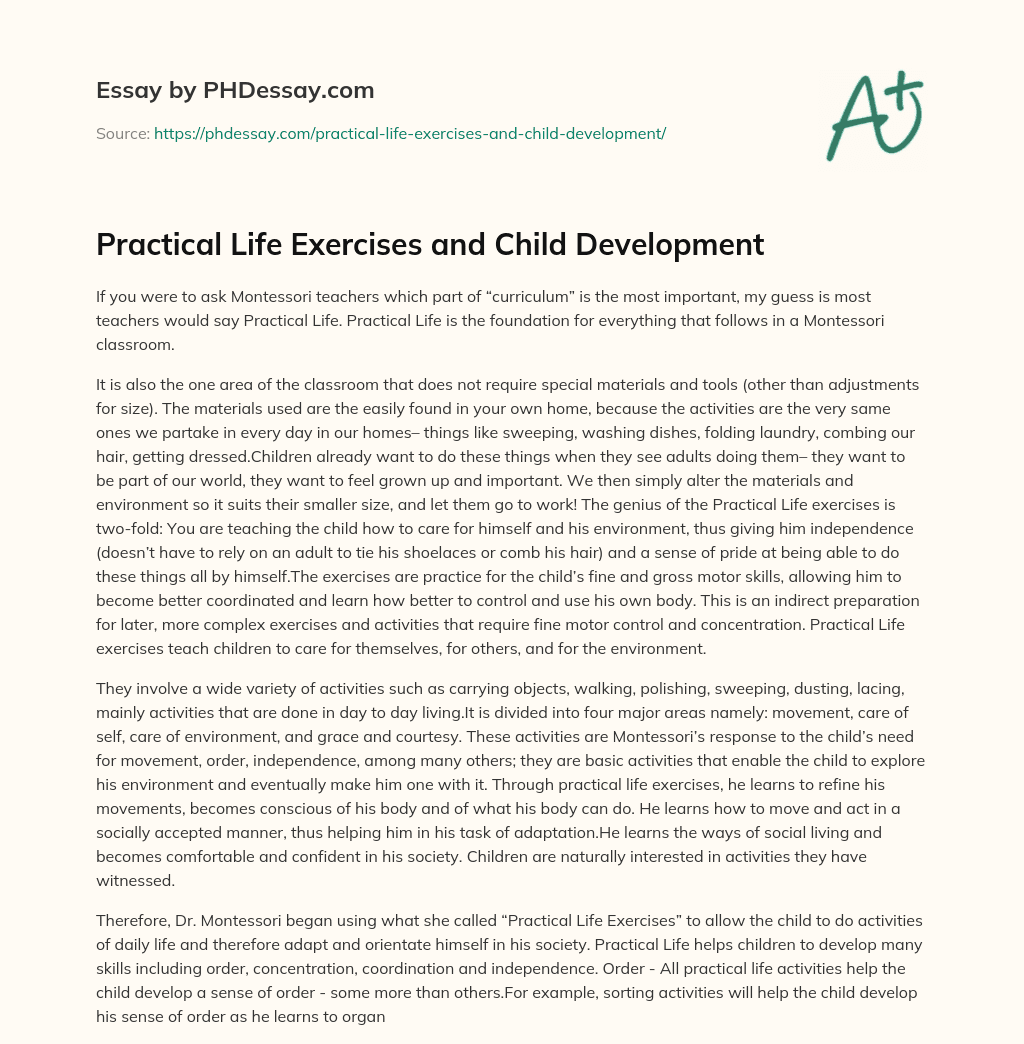 Practical Life Exercises and Child Development essay