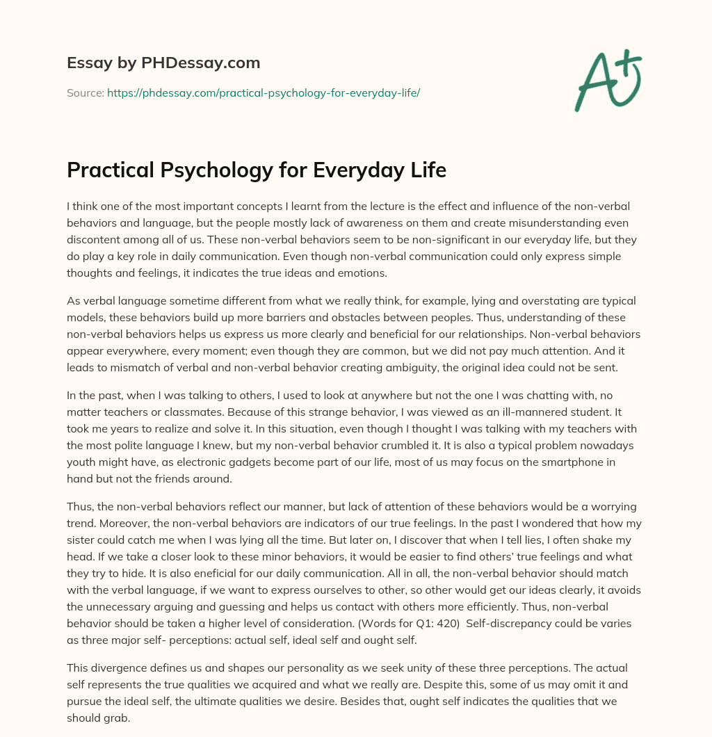 Practical Psychology For Everyday Life Essay Example PHDessay