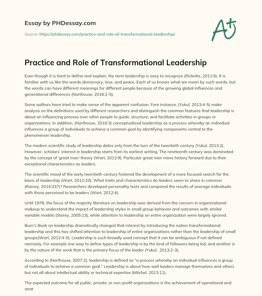 Practice and Role of Transformational Leadership essay