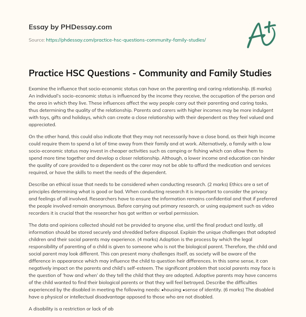 Practice HSC Questions – Community and Family Studies essay