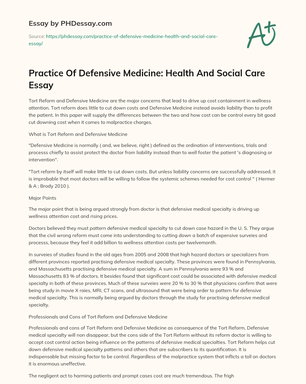 Practice Of Defensive Medicine: Health And Social Care Essay essay