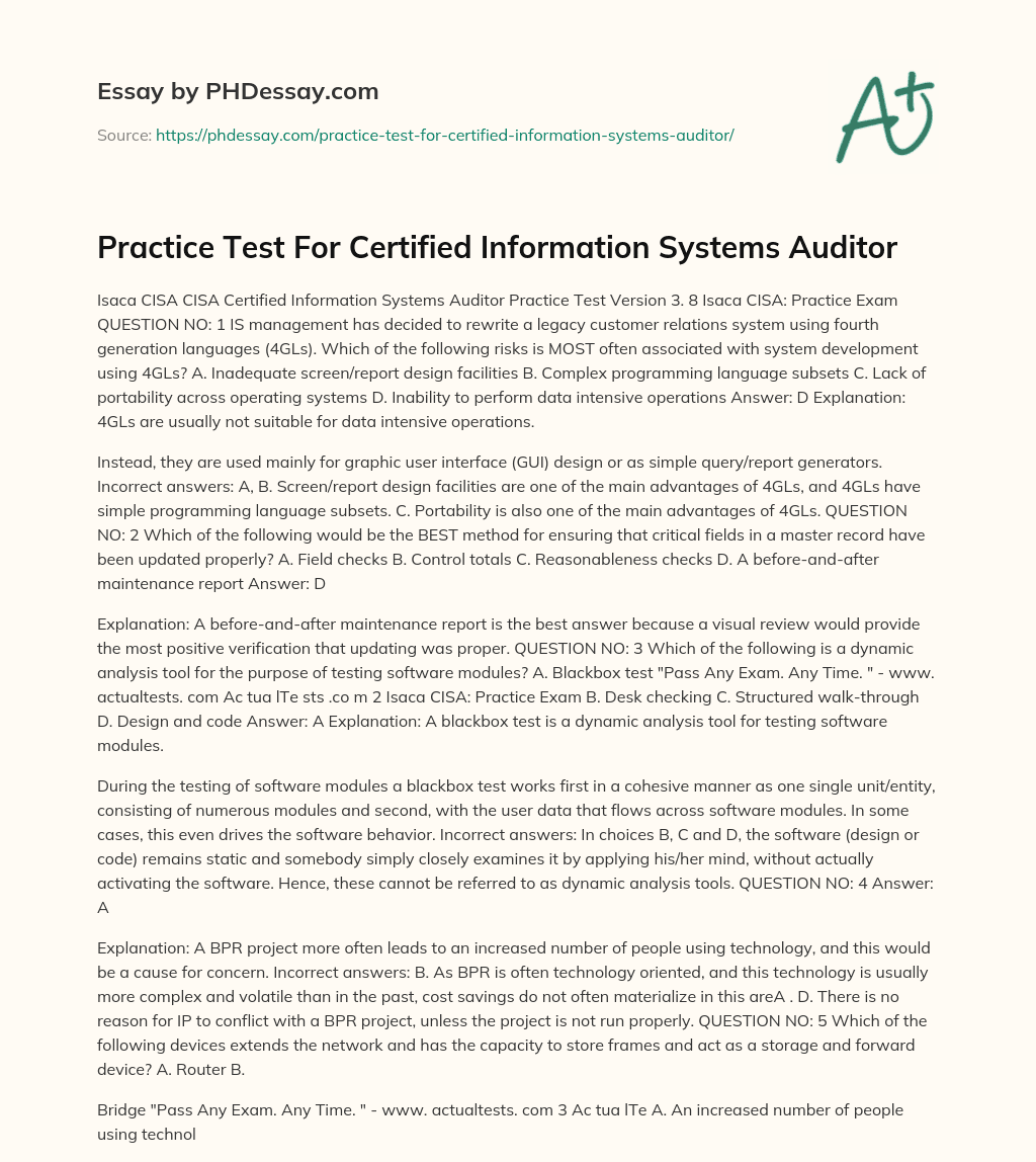 Practice Test For Certified Information Systems Auditor essay