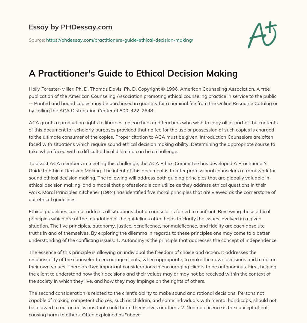 A Practitioner’s Guide to Ethical Decision Making essay