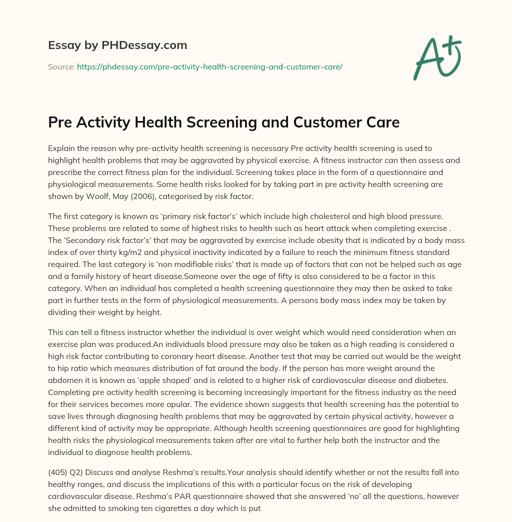 Pre Activity Health Screening and Customer Care essay