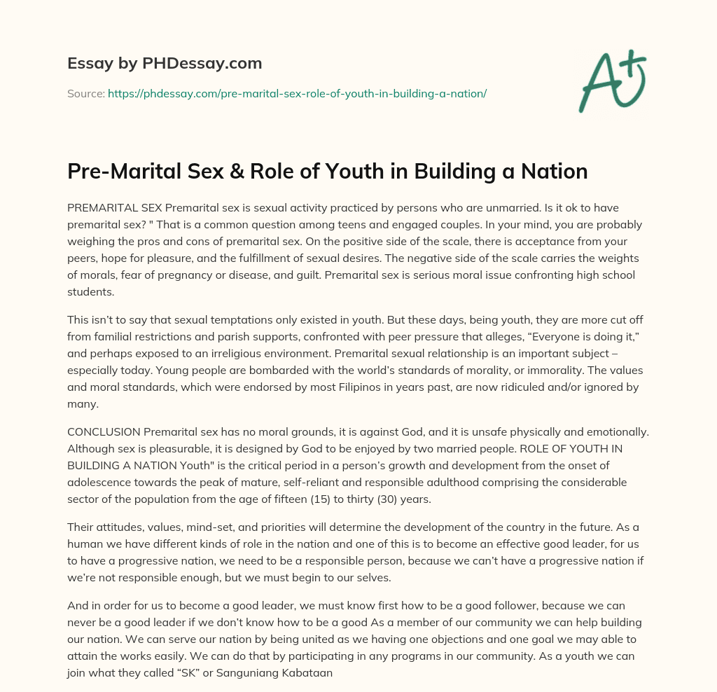 Pre-Marital Sex & Role of Youth in Building a Nation essay