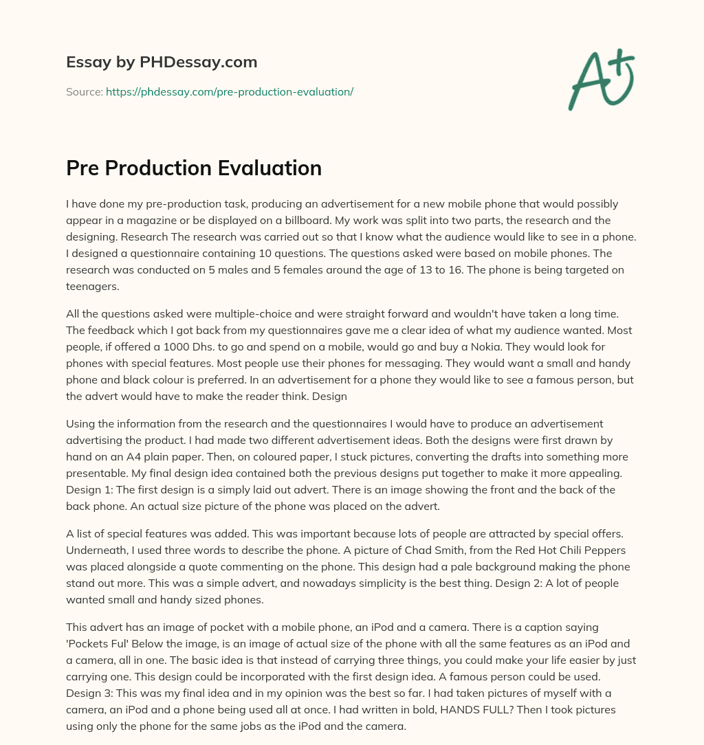 Pre Production Evaluation essay