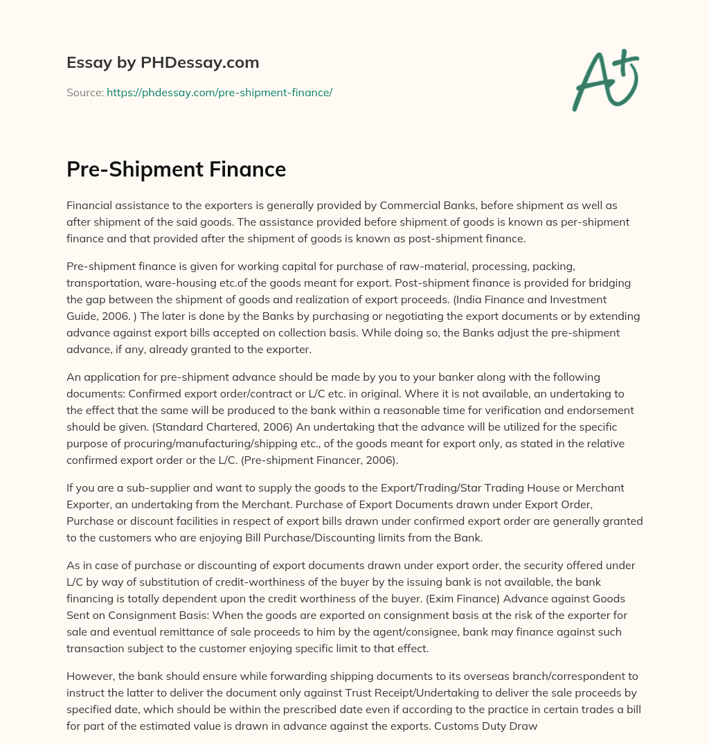 Pre-Shipment Finance essay