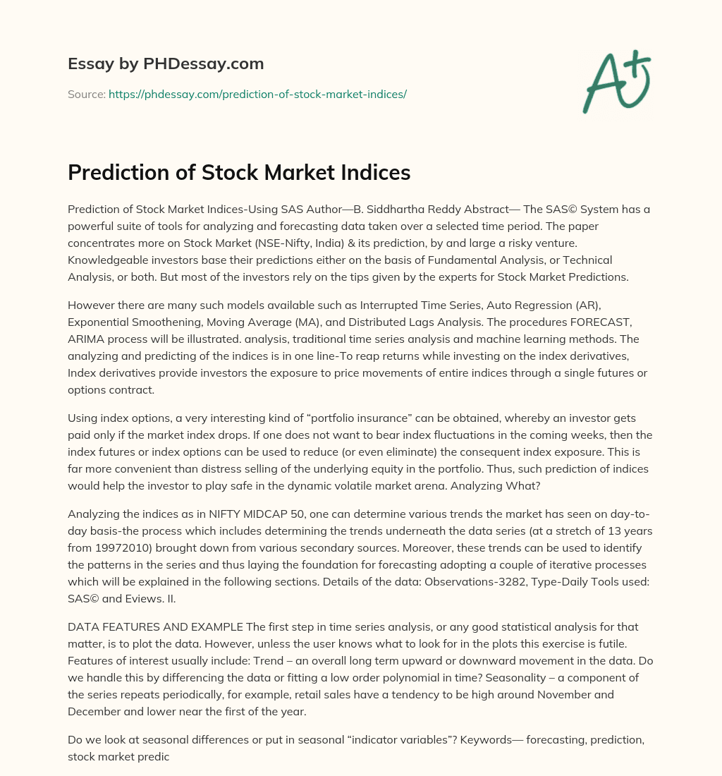 Prediction of Stock Market Indices essay