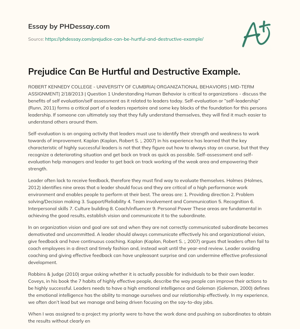 Prejudice Can Be Hurtful and Destructive Example. essay