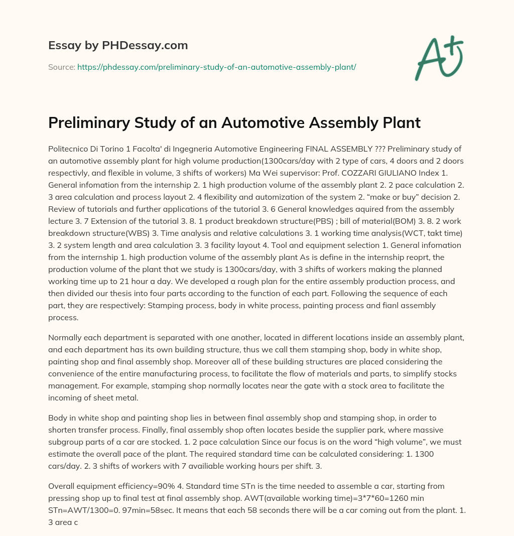 Preliminary Study of an Automotive Assembly Plant essay