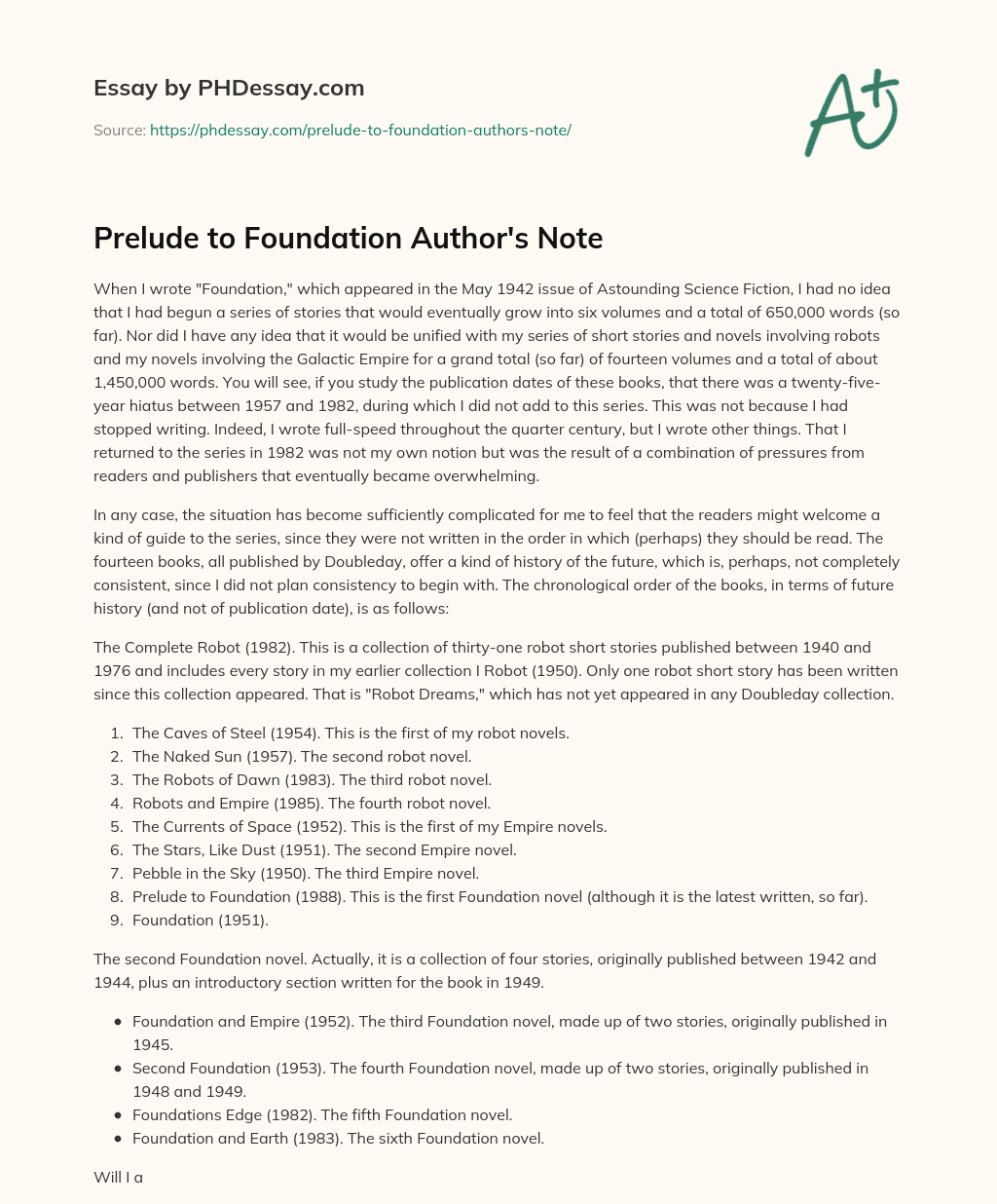 Prelude to Foundation Author’s Note essay