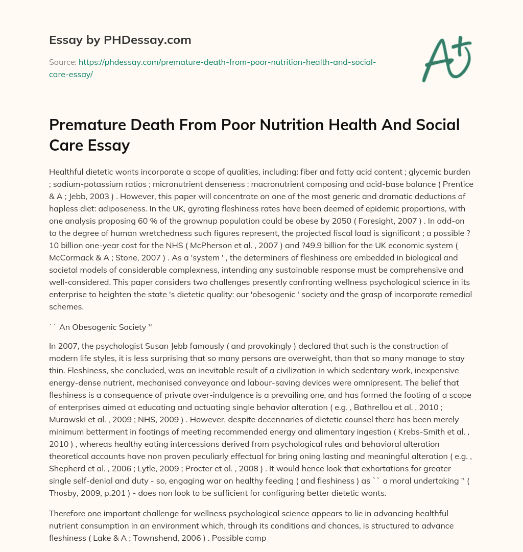 Premature Death From Poor Nutrition Health And Social Care Essay essay