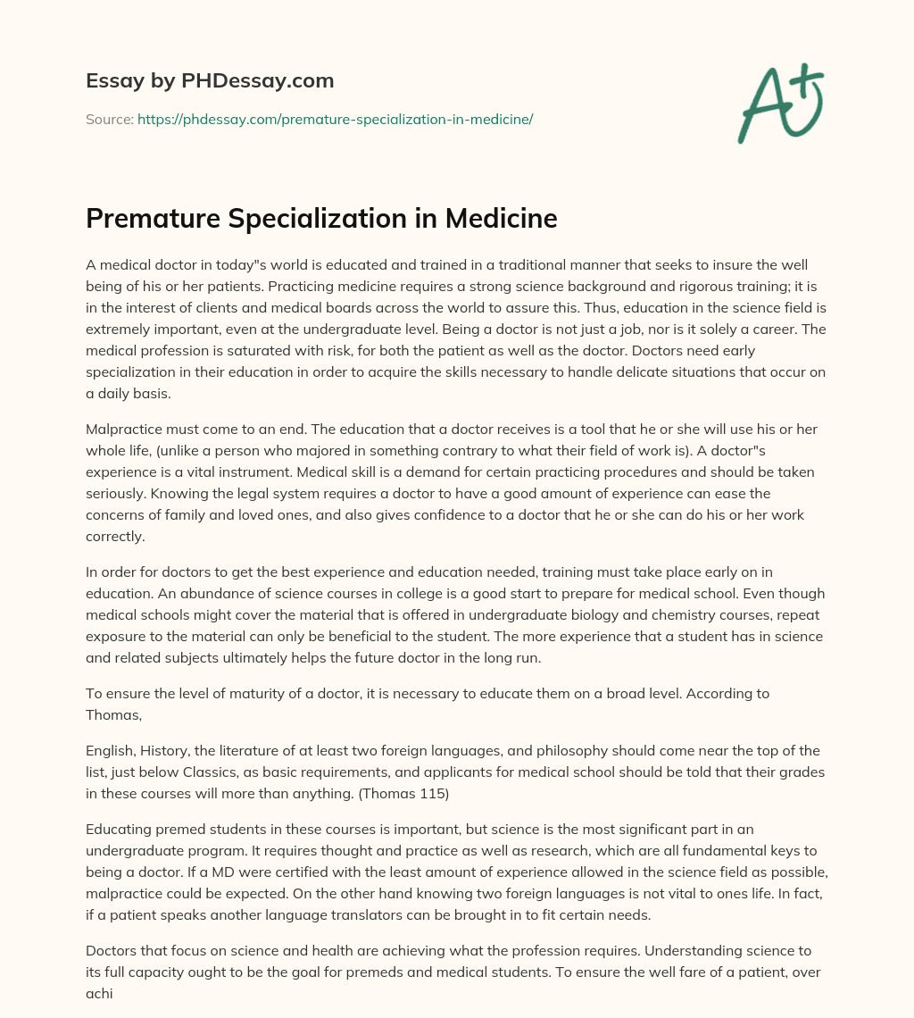 Premature Specialization in Medicine essay