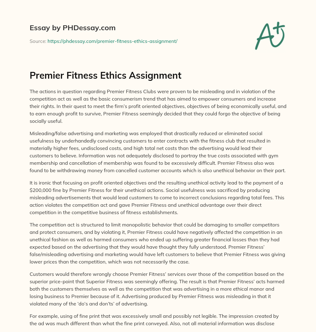 Premier Fitness Ethics Assignment essay