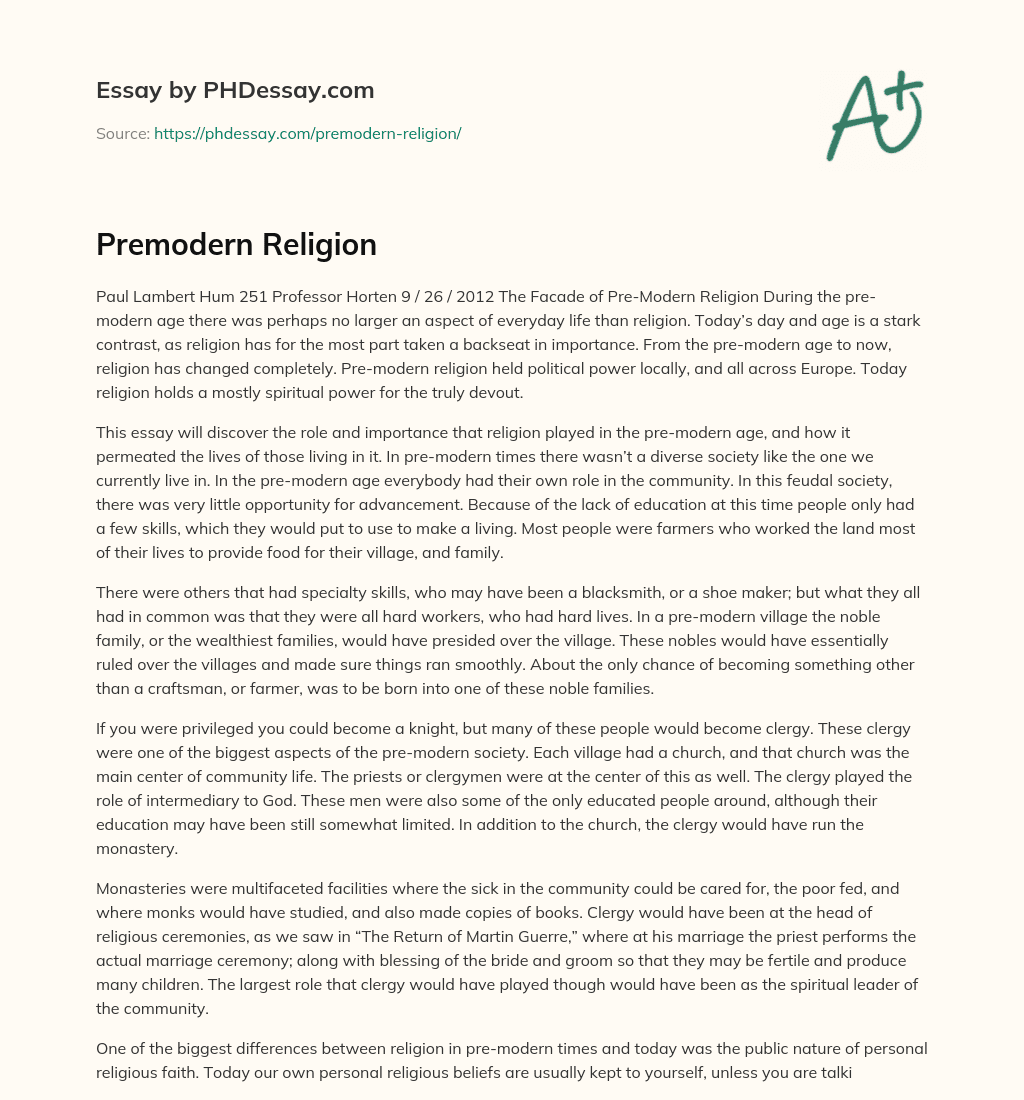 Premodern Religion essay