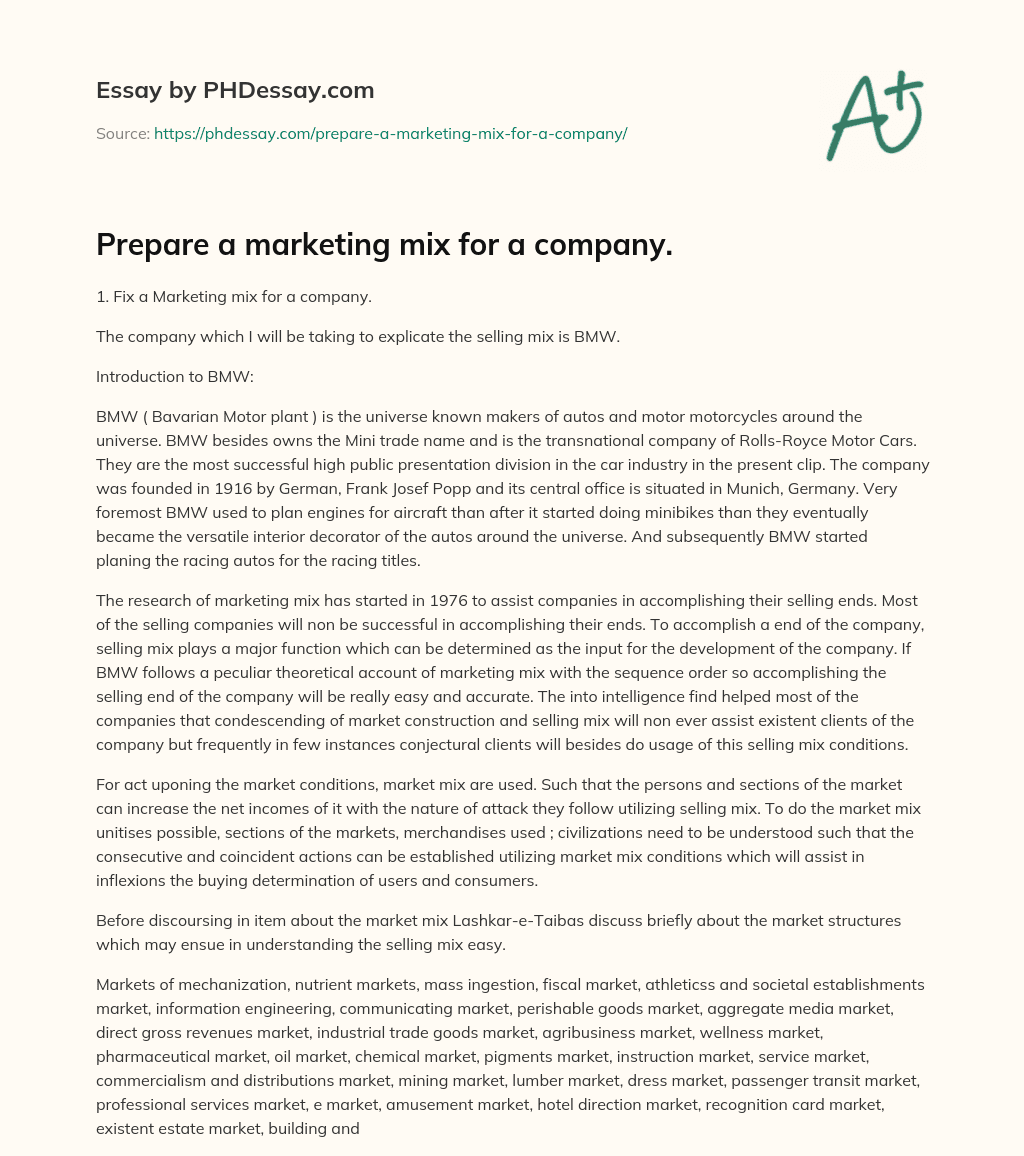 Prepare a marketing mix for a company. essay
