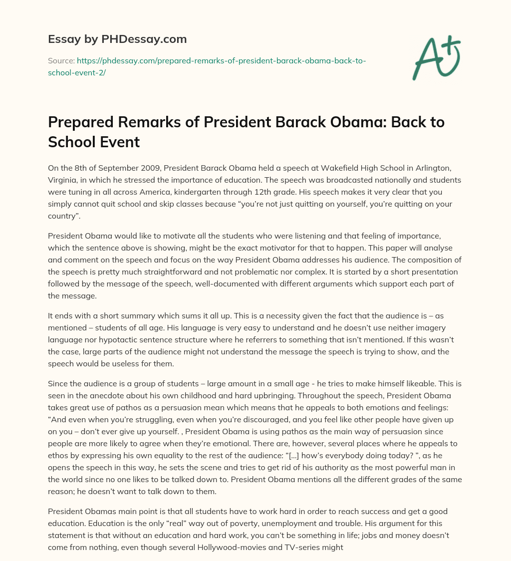 President Obama’s Speech on the Importance of Education for Students of All Ages essay