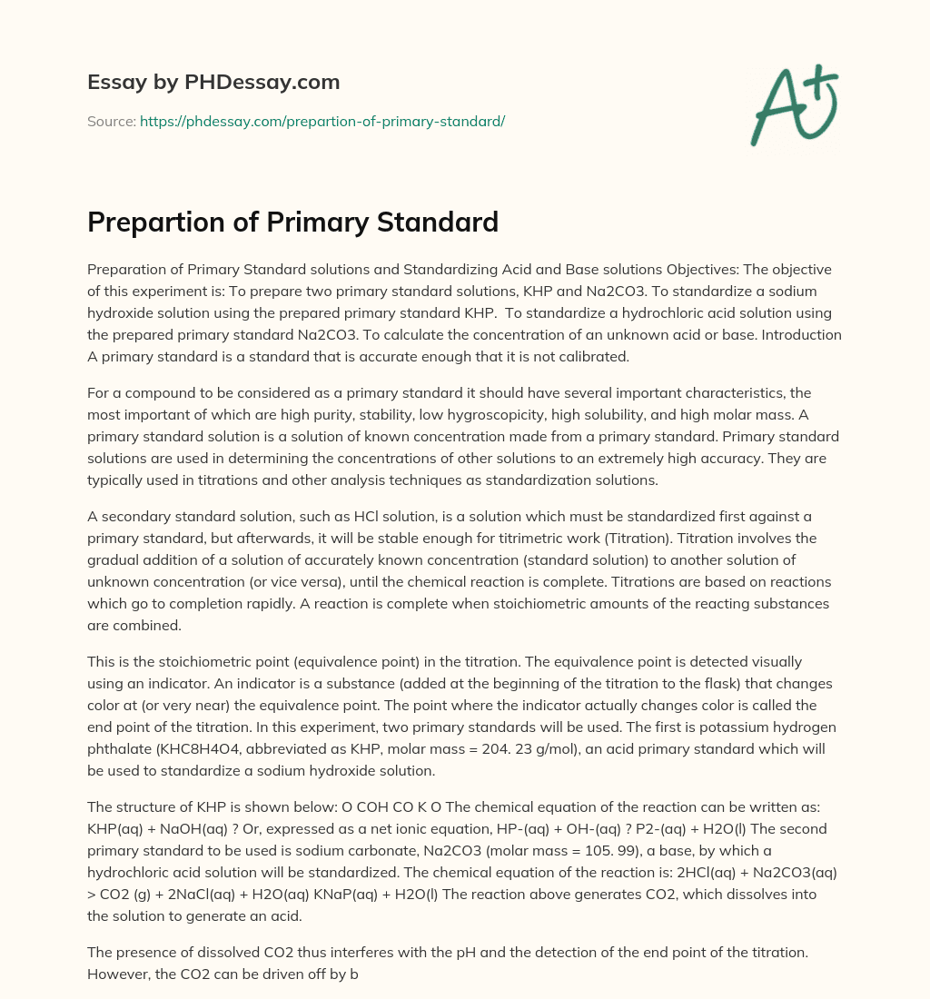 Prepartion of Primary Standard essay