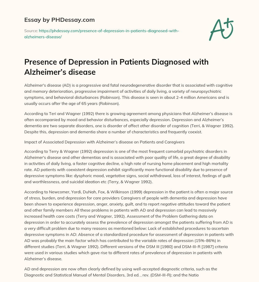 Presence of Depression in Patients Diagnosed with Alzheimer’s disease essay