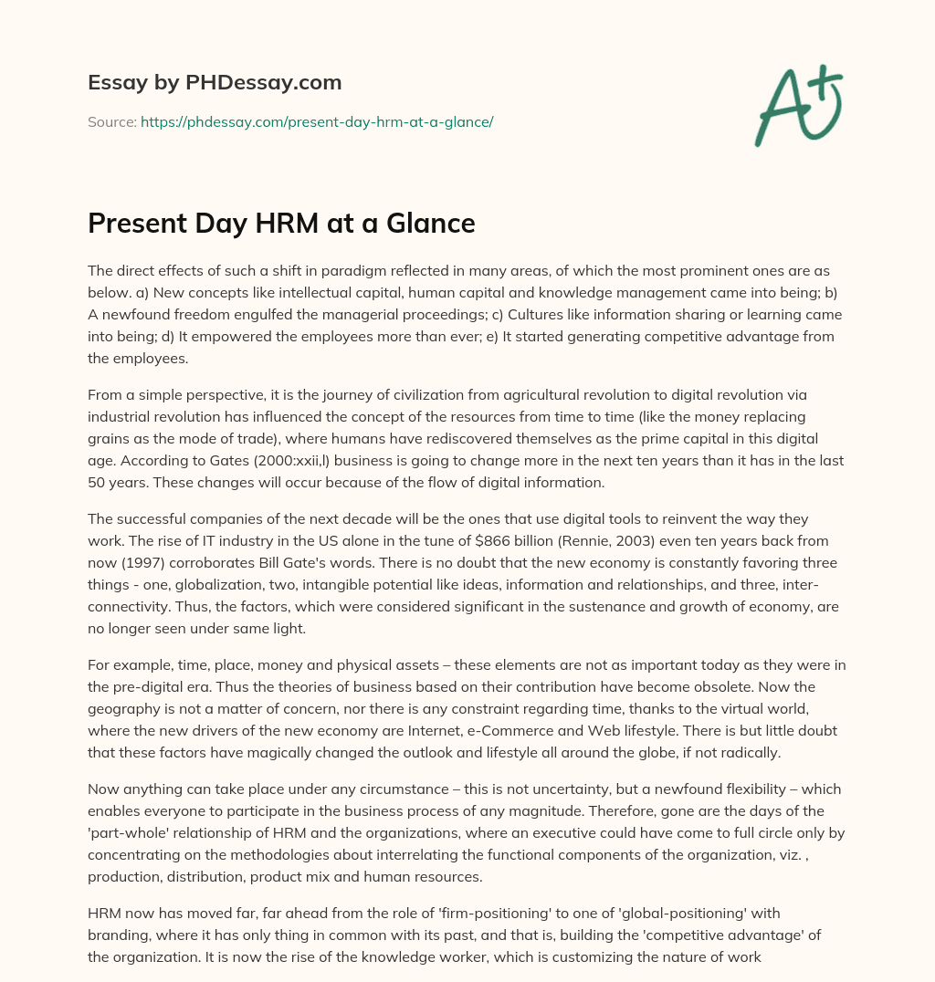 Present Day HRM at a Glance essay