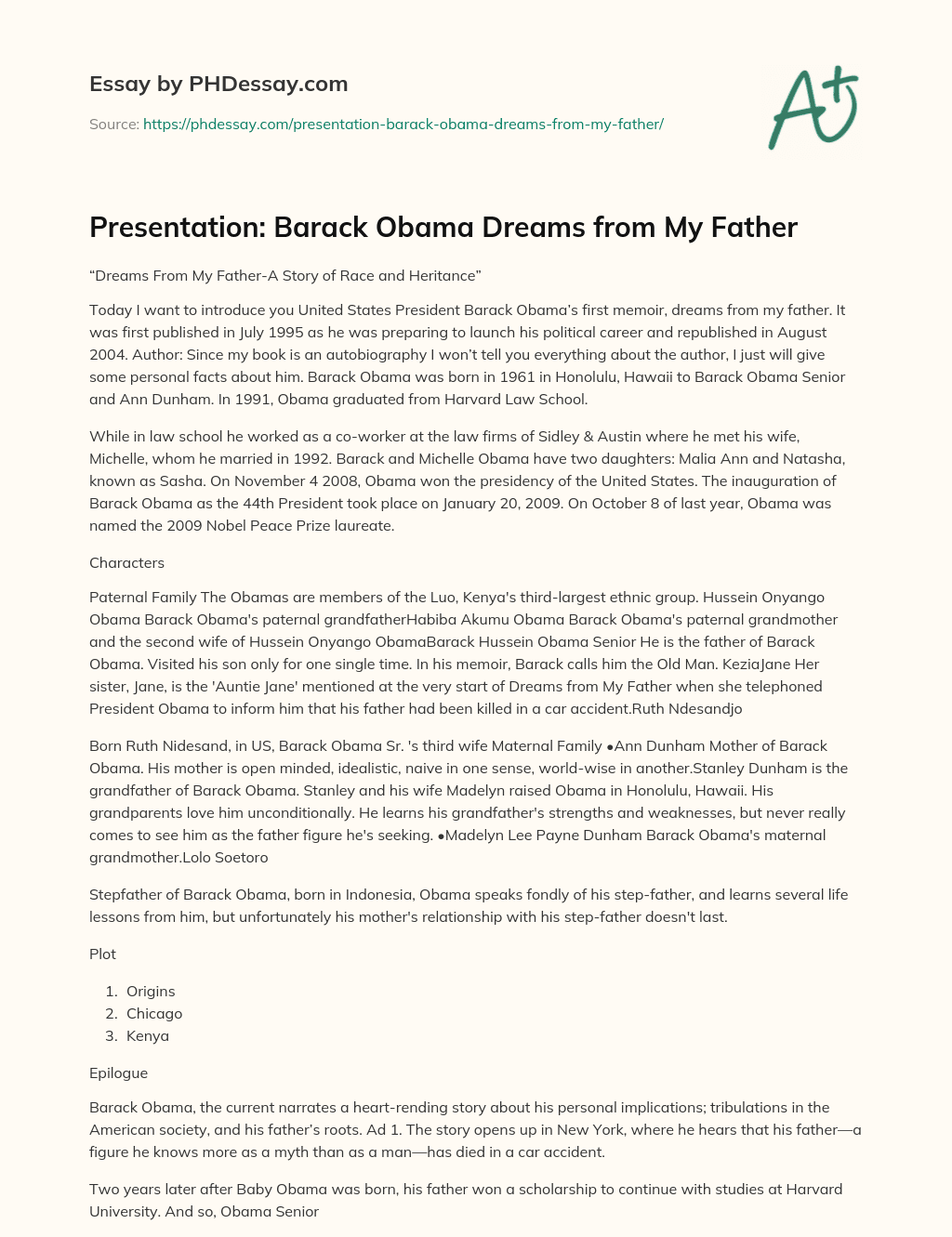 Presentation: Barack Obama Dreams from My Father essay