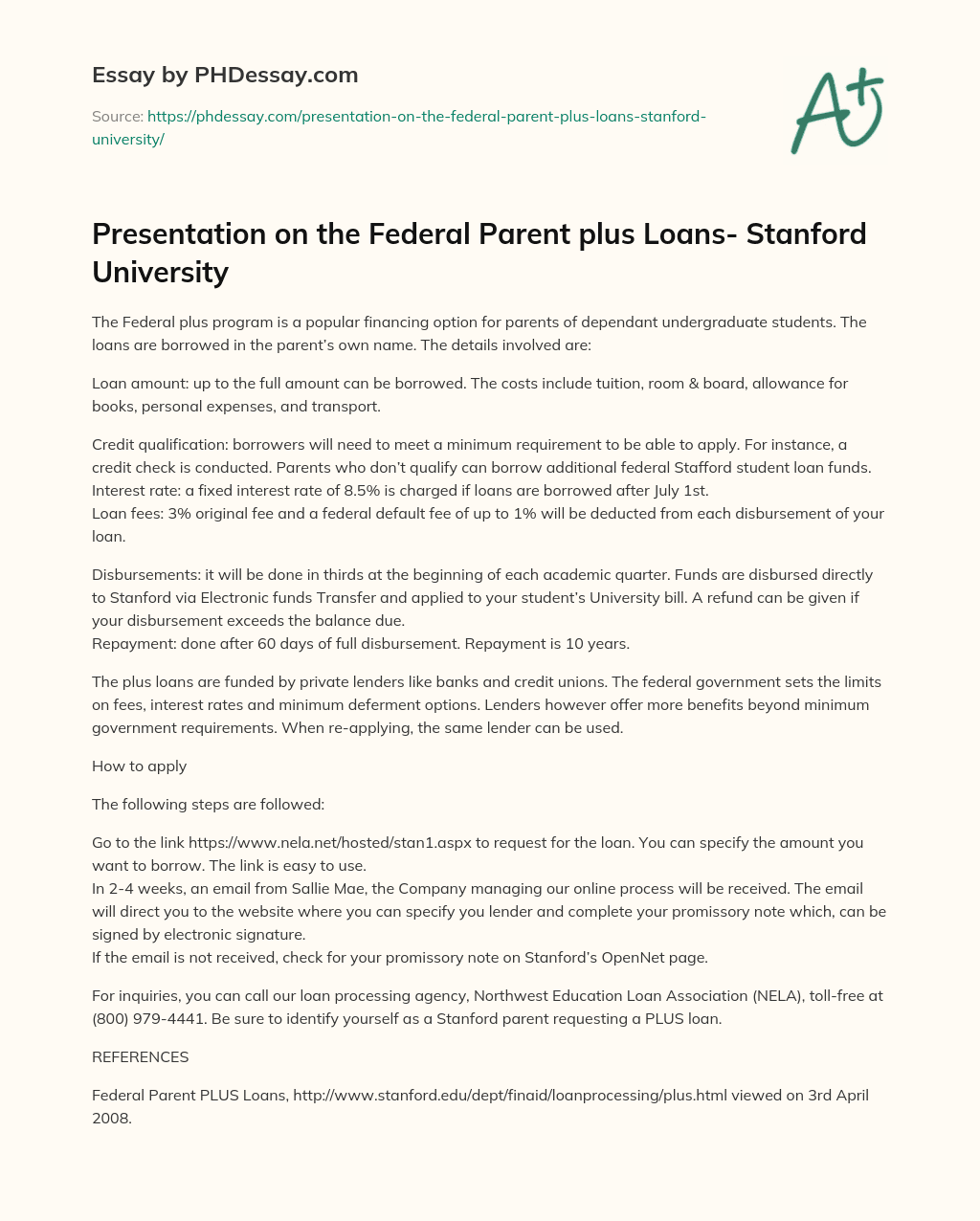 Presentation on the Federal Parent plus Loans- Stanford University essay