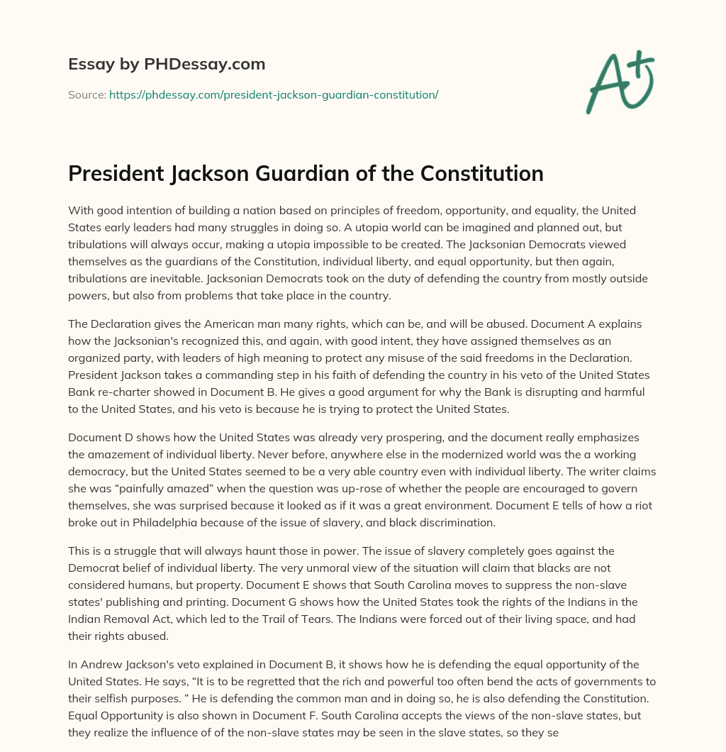 President Jackson Guardian of the Constitution essay