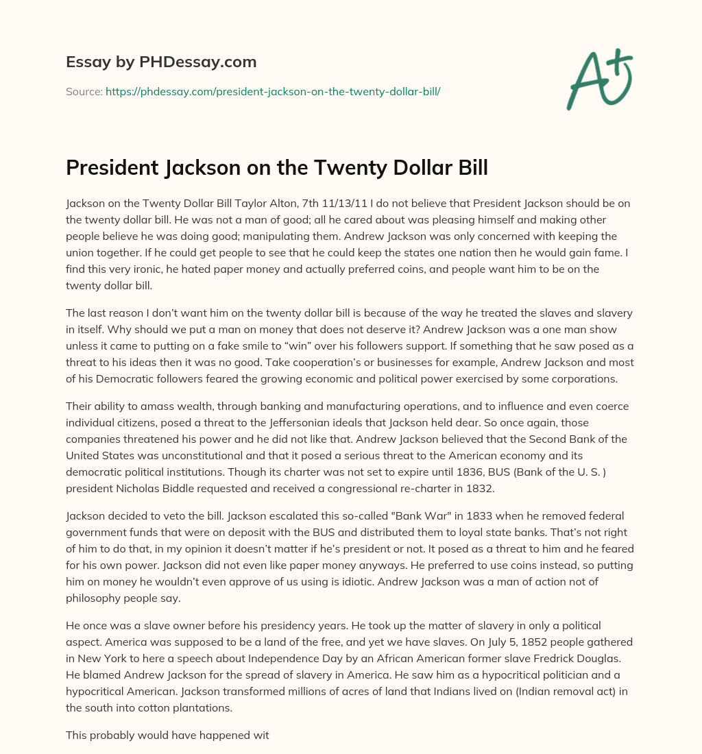 President Jackson on the Twenty Dollar Bill essay