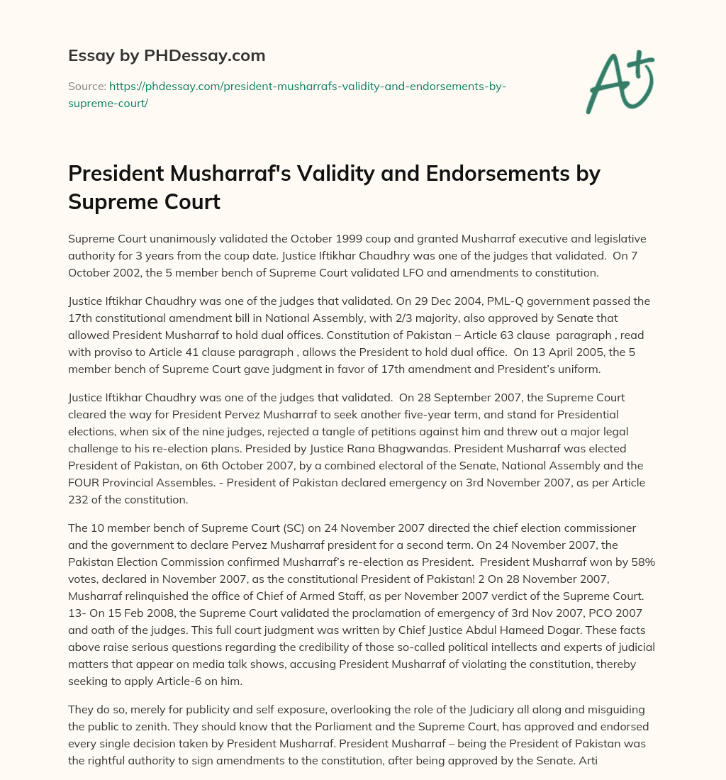 President Musharraf’s Validity and Endorsements by Supreme Court essay