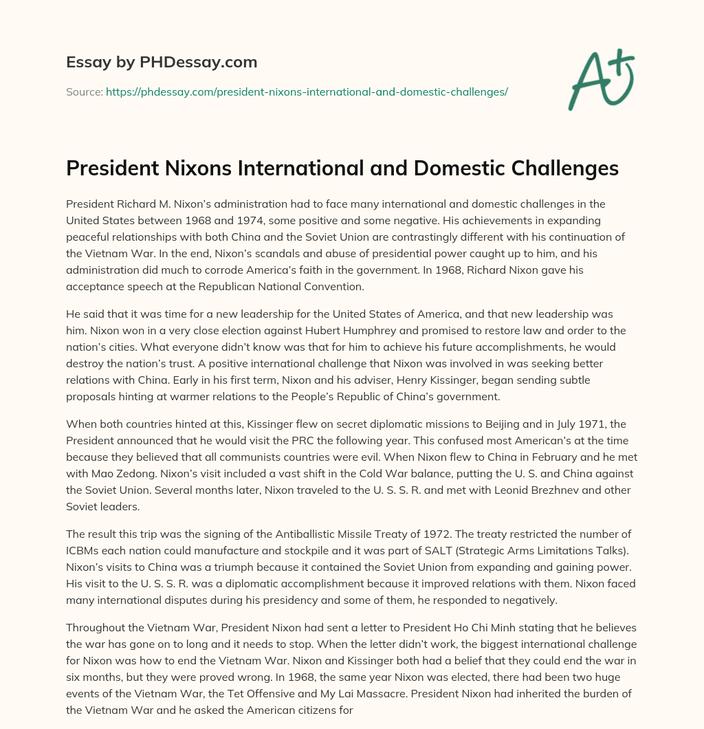 President Nixons International and Domestic Challenges essay