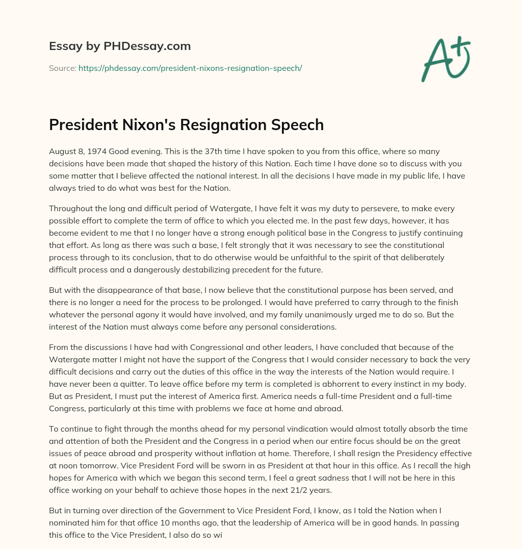 President Nixon’s Resignation Speech essay